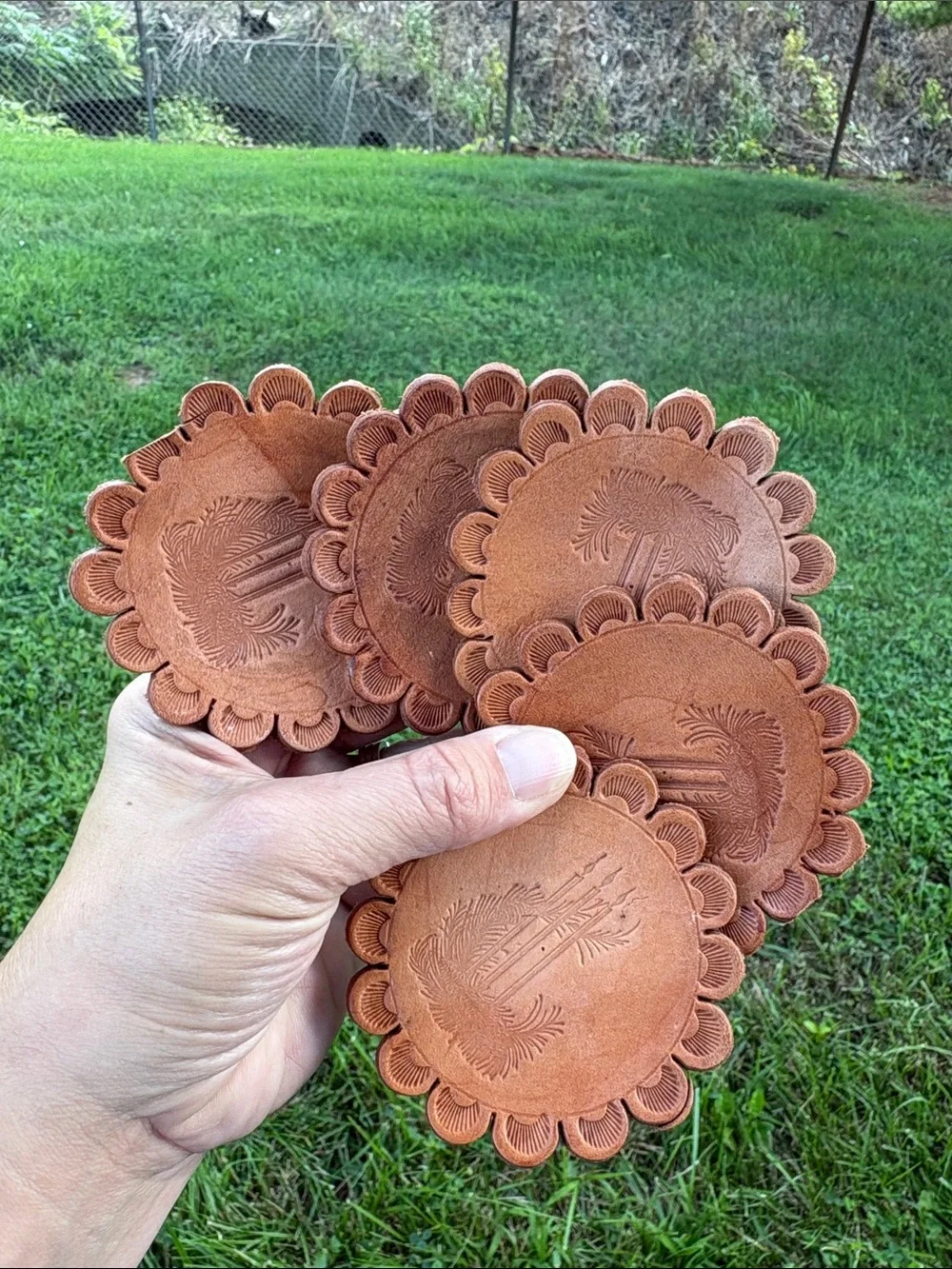 Hand-Tooled Brown Leather Basket coaster - Unbranded